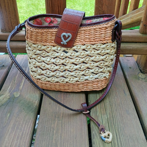 Vintage 90s Brighton Woven Wicker Straw Purse Shoulder Bag Brown Leather Strap - Picture 1 of 11